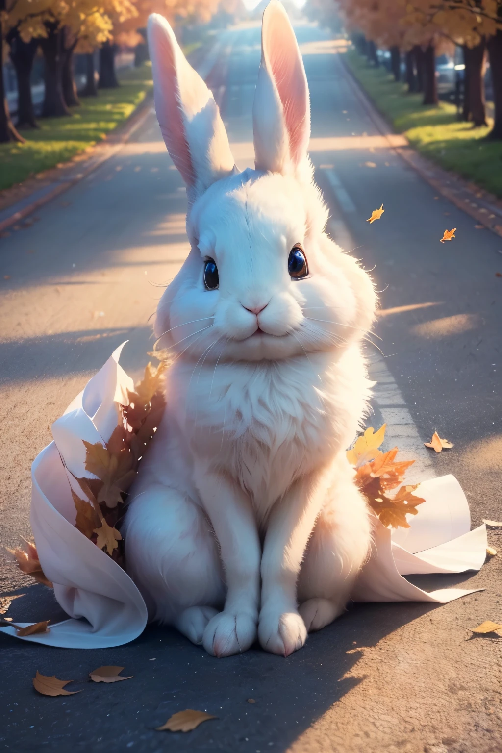 (Best quality,4k,8K,a high resolution,masterpiece:1.2),ultra detailed,photorealistic:1.37,Rabbit,elegant Rabbit,adorable Rabbit,beautifully decorated,radiating a royal aura,fantastic,fantasy,Pastel background,scattered leaves on the road,smiling,pray for something,Bright world.