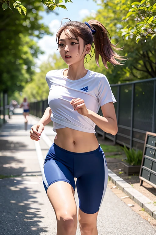 1 girl, solo, running, Gray Track Top, pink shorts, ponytail, athletic build, dynamic brushstrokes, fluid movement, capturing the essence of her athleticism and energy, using light colors and soft tones to create a dreamy and ethereal atmosphere, portraying the motion and grace of running, showing the wind blowing her ponytail and clothes, and the scenery of her surroundings. asahina mikuru, kita high
outdoors, detailed background, Modern metropolis,