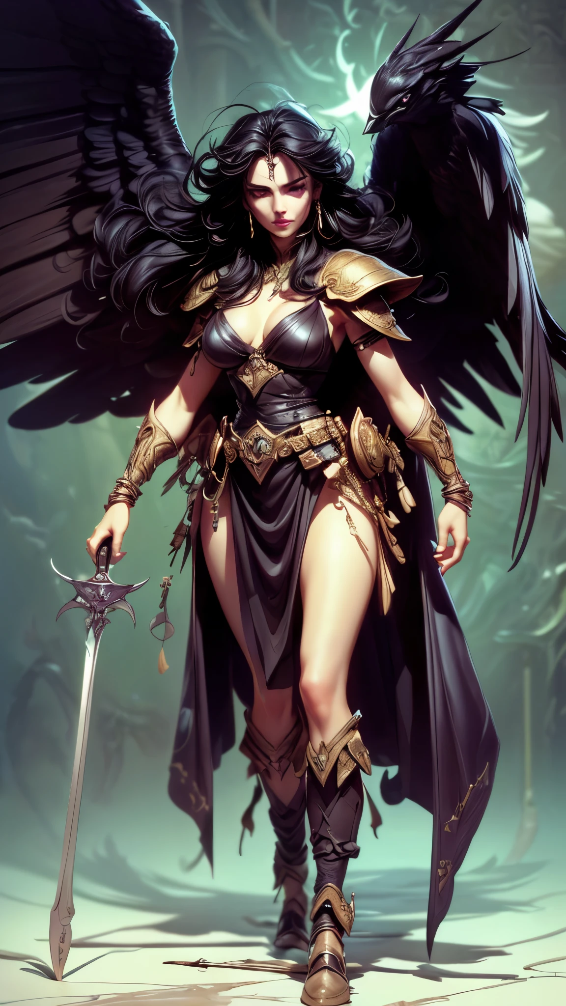 (best quality,4k,8k,highres,masterpiece:1.2),ultra-detailed, Irish Goddess the Morrigan, 3v4gr33n, raven black hair, cold dark eyes, standing on a celtic battlefield, sky filled with ravens, corpses on the ground, drawn in the style of Yoshitaka Amano, HDR, 8k, absurdres, cinestill 800, sharp focus, add_detail:2