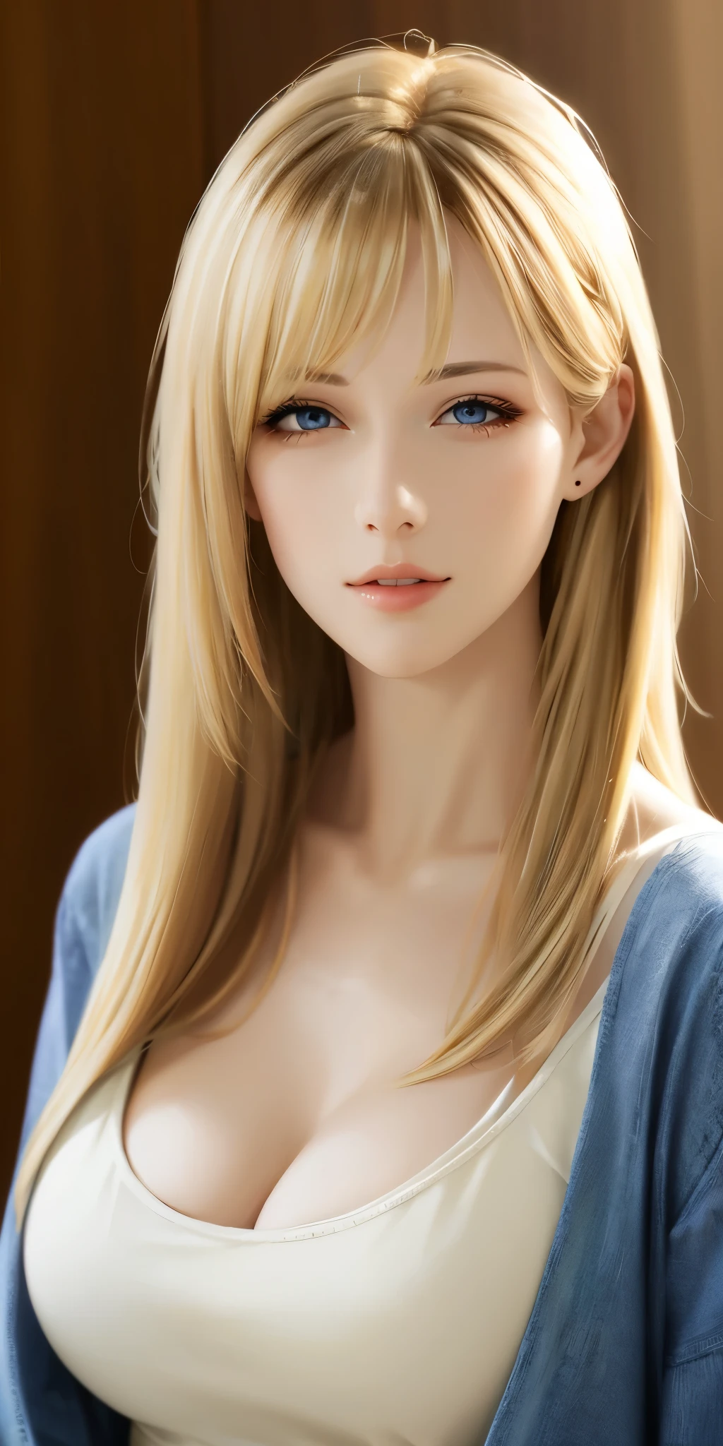 Gorgeous adult woman, long neck, long blonde hair, bang, casual clothes, cleavage, soft light, high quality, 4k resolution