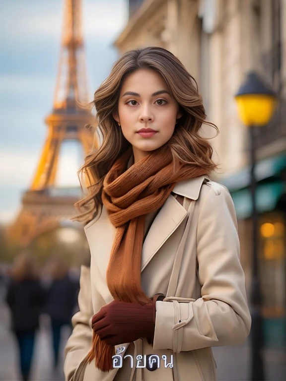 arafed woman in a trench coat and scarf standing In front of the Eiffel Tower, french girl, Portrait of Sophie Mudd, in Paris, 30-year-old french woman, French Irina, scarf, โดย Daniel Gelon, In front of the Eiffel Tower, By Raphael Collin, Julia Rasumova&#39;s style, Paris, Anna Nikonova