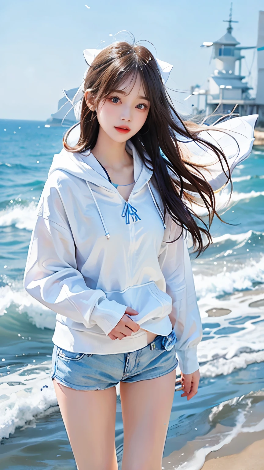 In the clear blue sea、Wearing a white hoodie fluttering in the wind、A woman wearing shorts、standing on the waves。Her hair is long、Shine white、Swaying in the waves。Red eyes