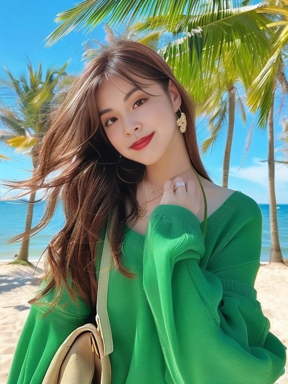 ผู้หญิงWear a green sweaterและหมวกยืนอยู่บนชายหาด, Lalisa Manoban, album cover, Sakimi-chan, Xindong Chen, Jennie Blackpink, with teal clothes, Tomorrow, Tran., Wear a green sweater, green clothes, 8k)), Tzuyu from two times, By Ni Thian, Shiho, Ulzzang