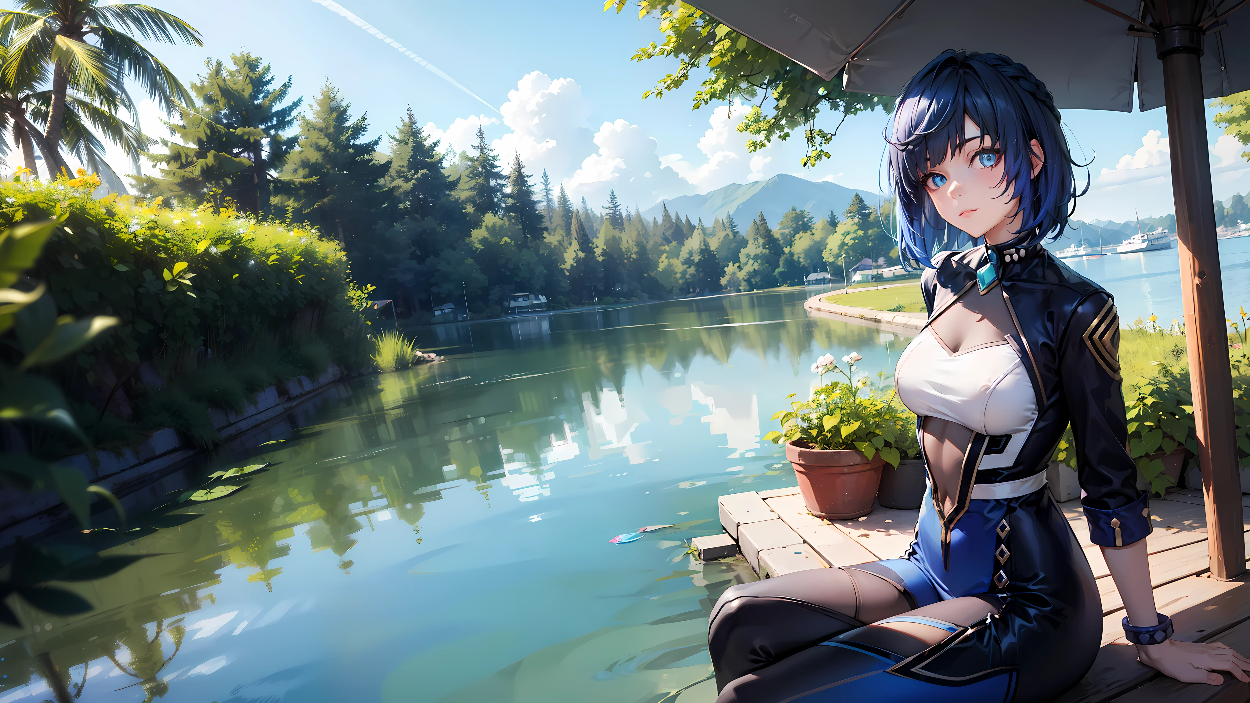 beautiful detailed eyes, short hair, blue hair, glowing skin, fashionable outfit, confident pose, peaceful atmosphere, vibrant colors, soft lighting, summer breeze, yelan sitting, water reflection, sea, ultra realistic, sunny day, cute, early twenties, blue uniform, character yelan, calm sea, sea in background