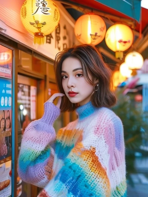 a close up of a woman in a มีcolor sweater standing in front of a store, มีcolor photo, มีcolor aesthetic, มีcolor, มีcolor mood, มีcolor glow, มีcolor]-, มีcolor, beautiful มีcolor, มีcolor picture, color, มีcolor fashion, มีcolor image, color picture, Chinese girl, cute มีcolor adorable, มีcolor light, Wearing a rainbow kimono, high quality vertical, มีcolorly