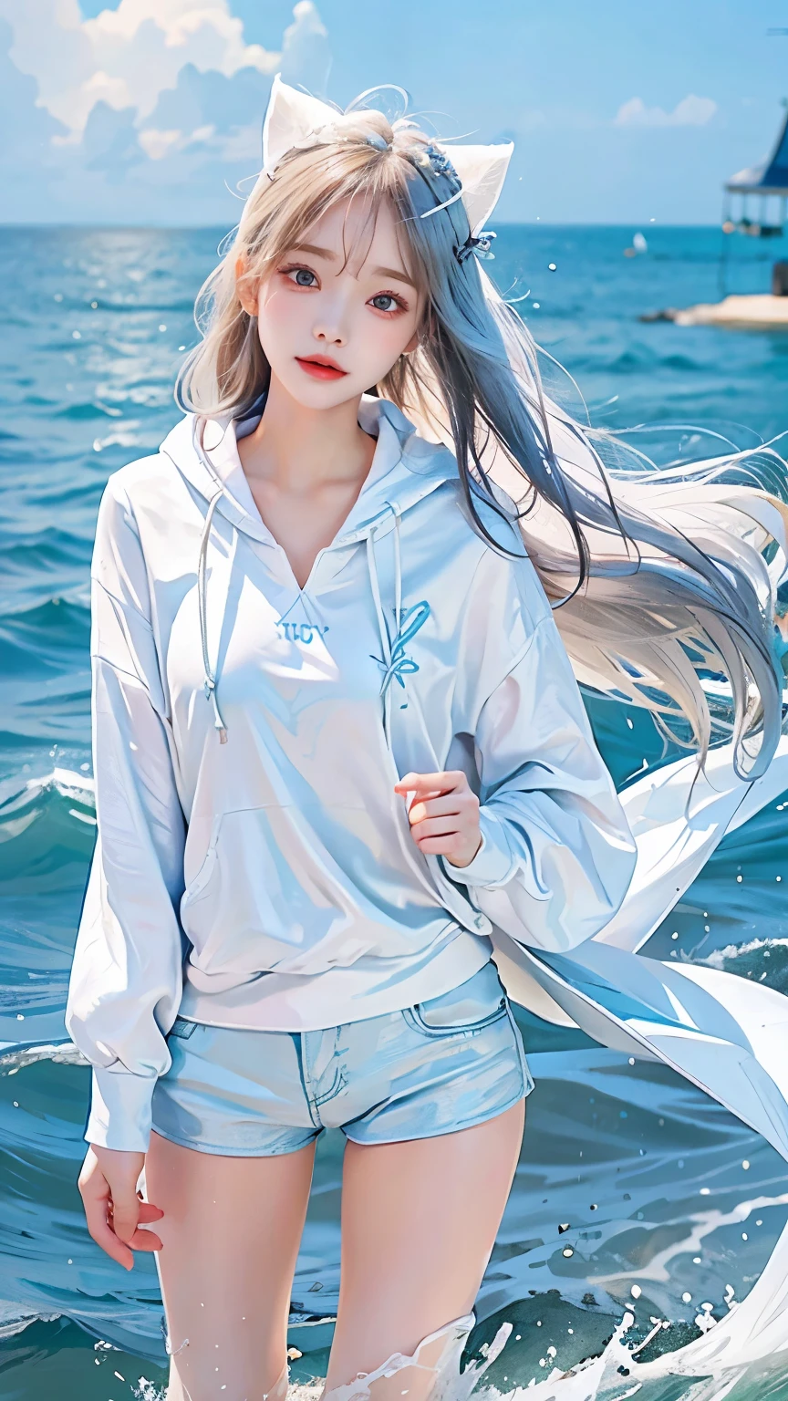 In the clear blue sea、Wearing a white hoodie fluttering in the wind、A woman wearing shorts、standing on the waves。Her hair is long、Shine white、Swaying in the waves。Red eyes