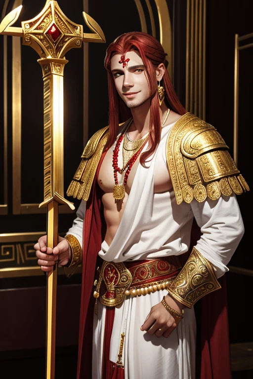 young young man, large scar on face from left cheek to right eye, red long hair, white ancient greek clothing, golden sword in hand, gold earrings and beads, smile