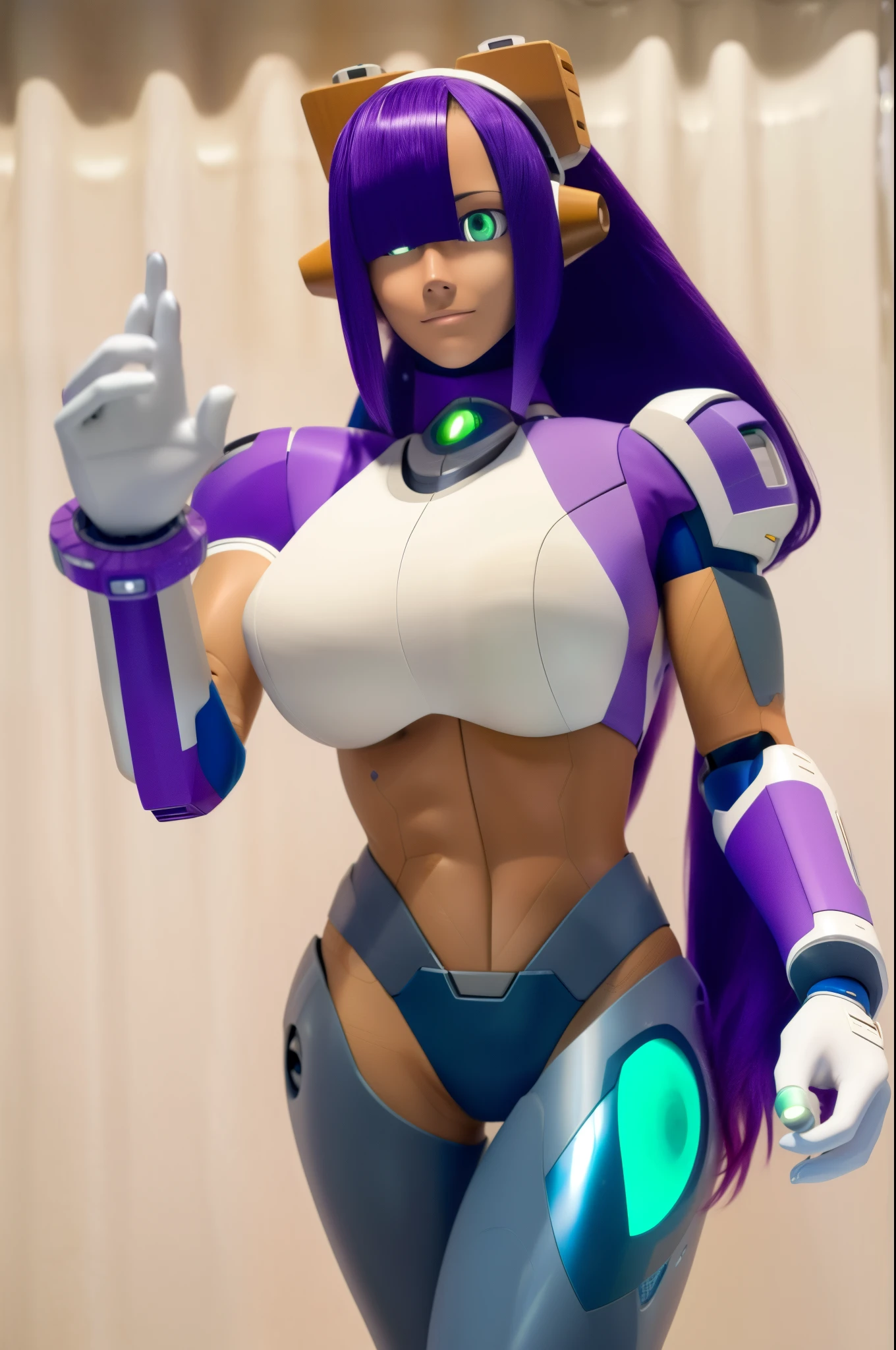 ultra detailed of a woman cyborg, 1girl, (natural skin texture, realistic eye details:1.2) layer_mega manx, alone, breasts, underboob, green eyes, purple hair, Android, long hair, bangs over eyes, robot ears, artwork, tan skin, high quality, hypnotized, spiral eyes, blank stare, in the bedroom, standing, mannequin