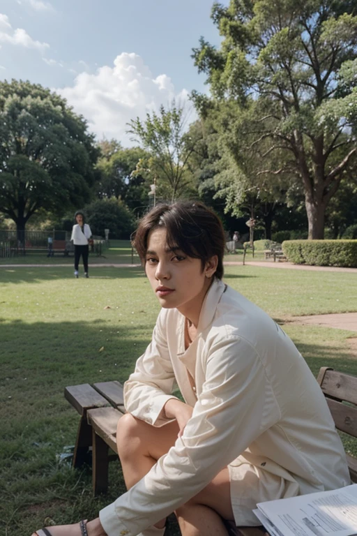Taehyung de bts sentado en un banco del parque. In the distance Jungkook is watching him
