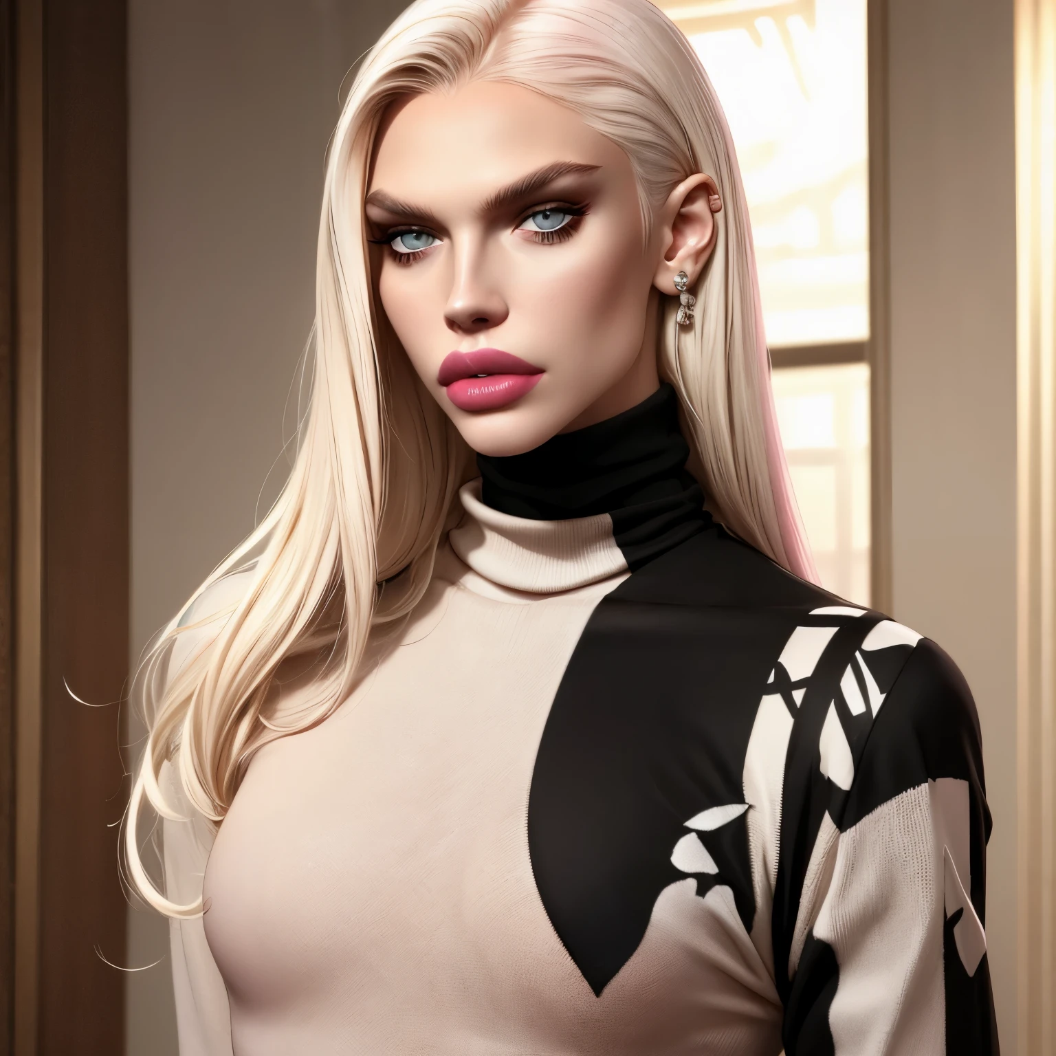 boy avatar, andrej pejic, long blonde hair, gray eyes, sharp features, white skin, bimbo lips, pink lipstick, sexy look, black turtleneck sweater.
