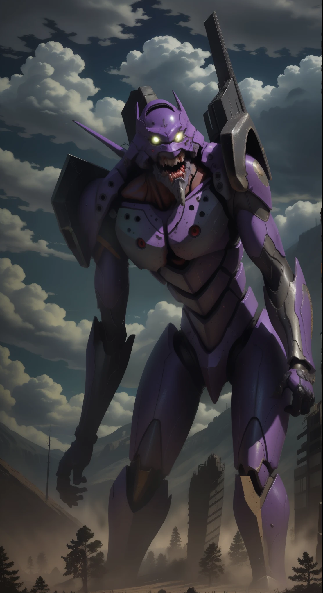(best quality, 4k, ultra detailed, high resolution, masterpiece: 1.2), giant robotic humanoid (Eva 01) on all fours with its mouth open between trees in a valley, with its mouth open revealing intricate and detailed teeth and tongue, purple armor with glowing green highlights, human arm, berserk mode, and a thin and organic body covered with metallic armor, walking on all fours, smoke and dark atmosphere, green eyes, glowing eyes, bestial roar, broken armor revealing a living organism, thick blood,ominous clouds, dark illustration style, high contrast, dark shadows, atmospheric perspective, ominous colors, cinematic composition, volumetric lighting, numbers, brush strokes, dramatic lighting, low angle, surrealism, super detailed, hyperrealism