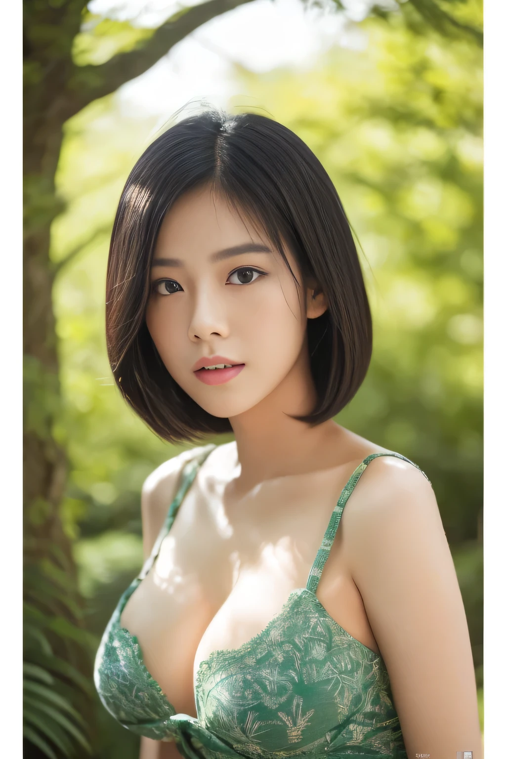 (masterpiece、high resolution)、Beautiful and realistic Asian,Plump body,Cute face,Beautiful Face,double eyelid,Sparkling Eyes、Naughty look,Bob Hair,Black Hair,iris,From below,evening,Beautiful Skin,Beautiful body、Cleavage、((Ample Bust:1.25,Sexy posture、Mysterious)),high quality,Realistic,Perfect Japanese,Beautiful woman,boyish,gravure,fashionable、Green tree々、gravure、Artistic Photo、