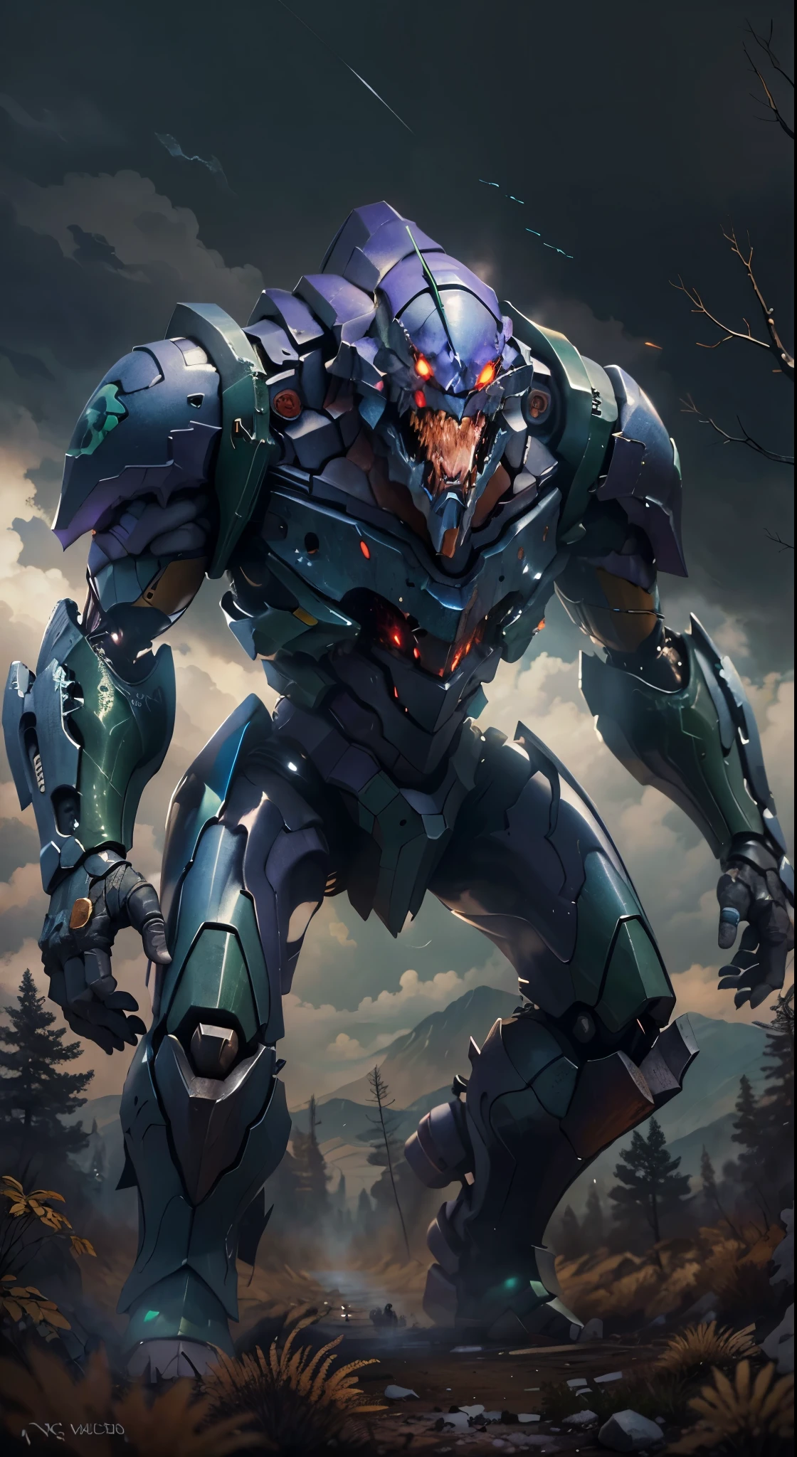 (best quality, 4k, ultra detailed, high resolution, masterpiece: 1.2), giant robotic humanoid (Eva 01) on all fours with its mouth open between trees in a valley, with its mouth open revealing intricate and detailed teeth and tongue, purple armor with glowing green highlights, human arm, berserk mode, and a thin and organic body covered with metallic armor, walking on all fours, smoke and dark atmosphere, green eyes, glowing eyes, bestial roar, broken armor revealing a living organism, thick blood,ominous clouds, dark illustration style, high contrast, dark shadows, atmospheric perspective, ominous colors, cinematic composition, volumetric lighting, numbers, brush strokes, dramatic lighting, low angle, surrealism, super detailed, hyperrealism