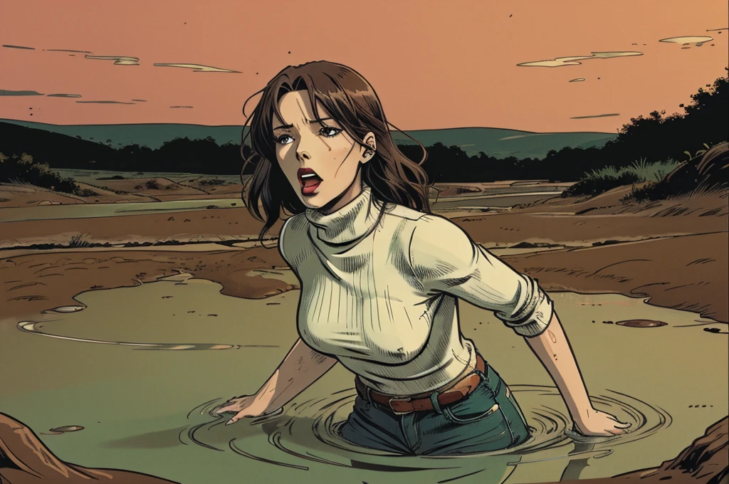 vector image, anime,  woman, gloomy orgasm, turtleneck and jeans, drowning in the middle of quicksand bog, green,red,sky, red lips, turns around