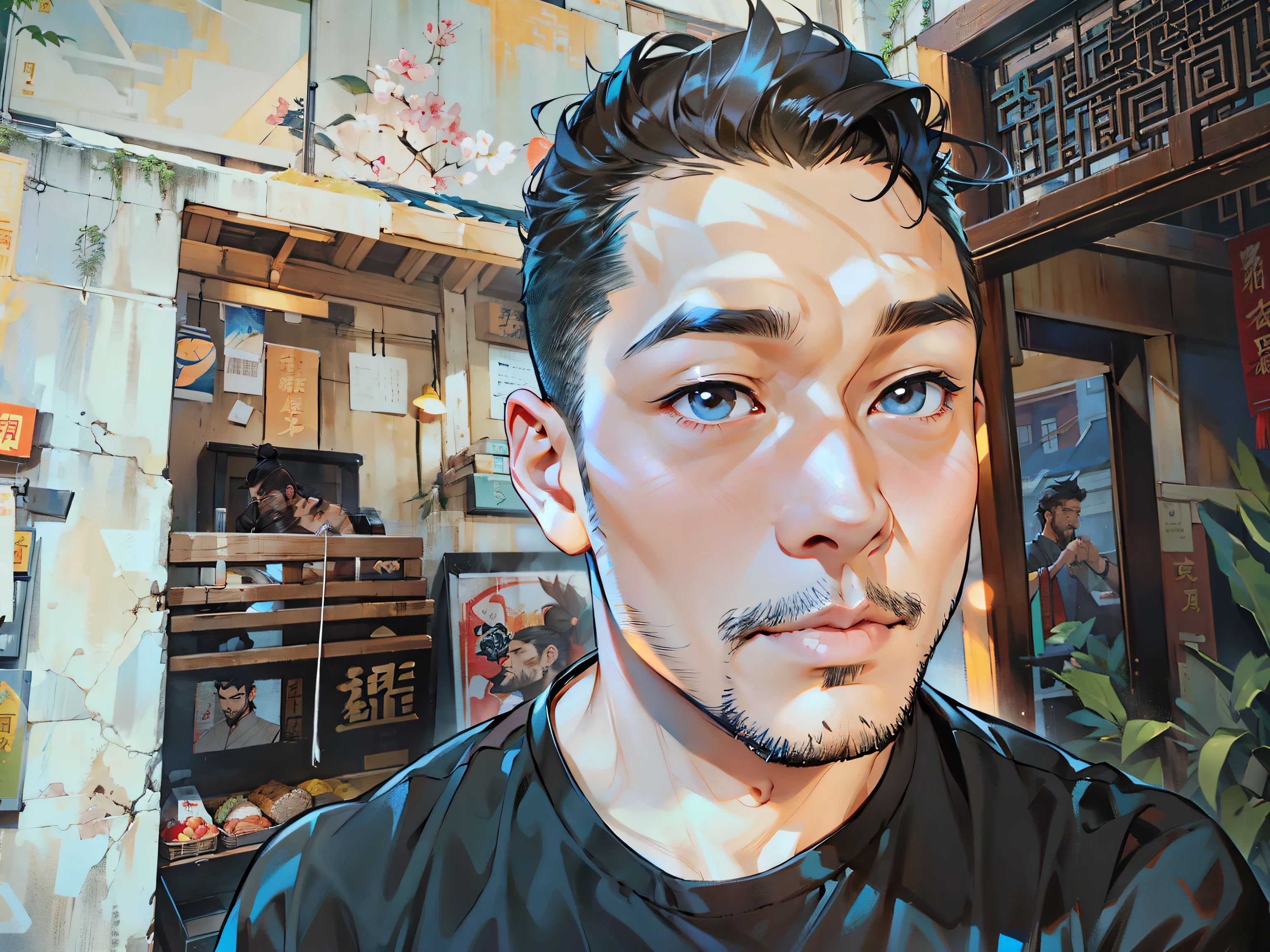 、Close-up of a Chinese man wearing a black short-sleeved shirt, Very charming, Well-dressed model, , , Grooming facial hair,, Attractive men, Modern Hairstyles, , handsome and attractive, Brown short beard, handsome and attractive face, landscape