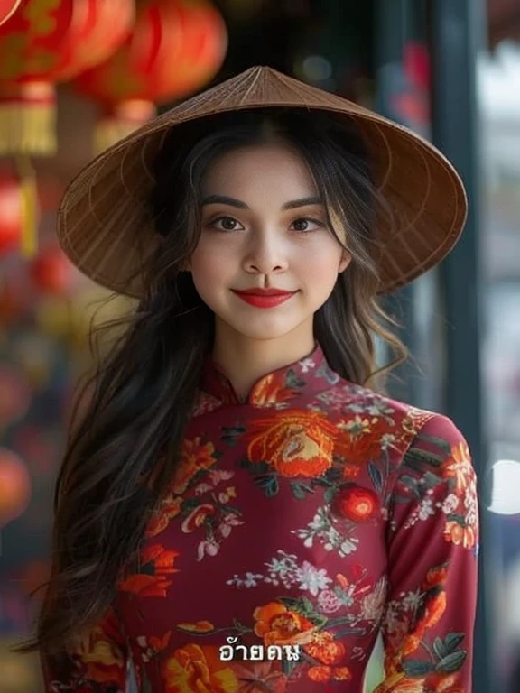 Close-up of a woman wearing a hat and dress, Vietnamese woman, Chinese woman, In Lammanh style, an asian woman, traditional beauty, Ao Dai, traditional chinese, Chinese girl, Tomorrow, Tran., a young asian woman, beautiful oriental woman, beautiful asian woman, Southeast Asians with round faces, asian woman