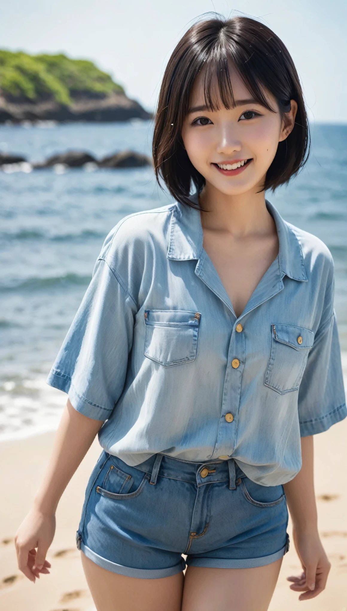 highest quality、masterpiece、live-action、Realistic、High resolution、4k、Japanese、Black Hair、Medium Bob、Japanese female college student、Cute Girls、20-year-old、Aloha Shirt、Denim shorts、Cute smile、The background is the sea、BBQ、The gesture of making the viewer eat yakiniku、Whole body -- 9:16