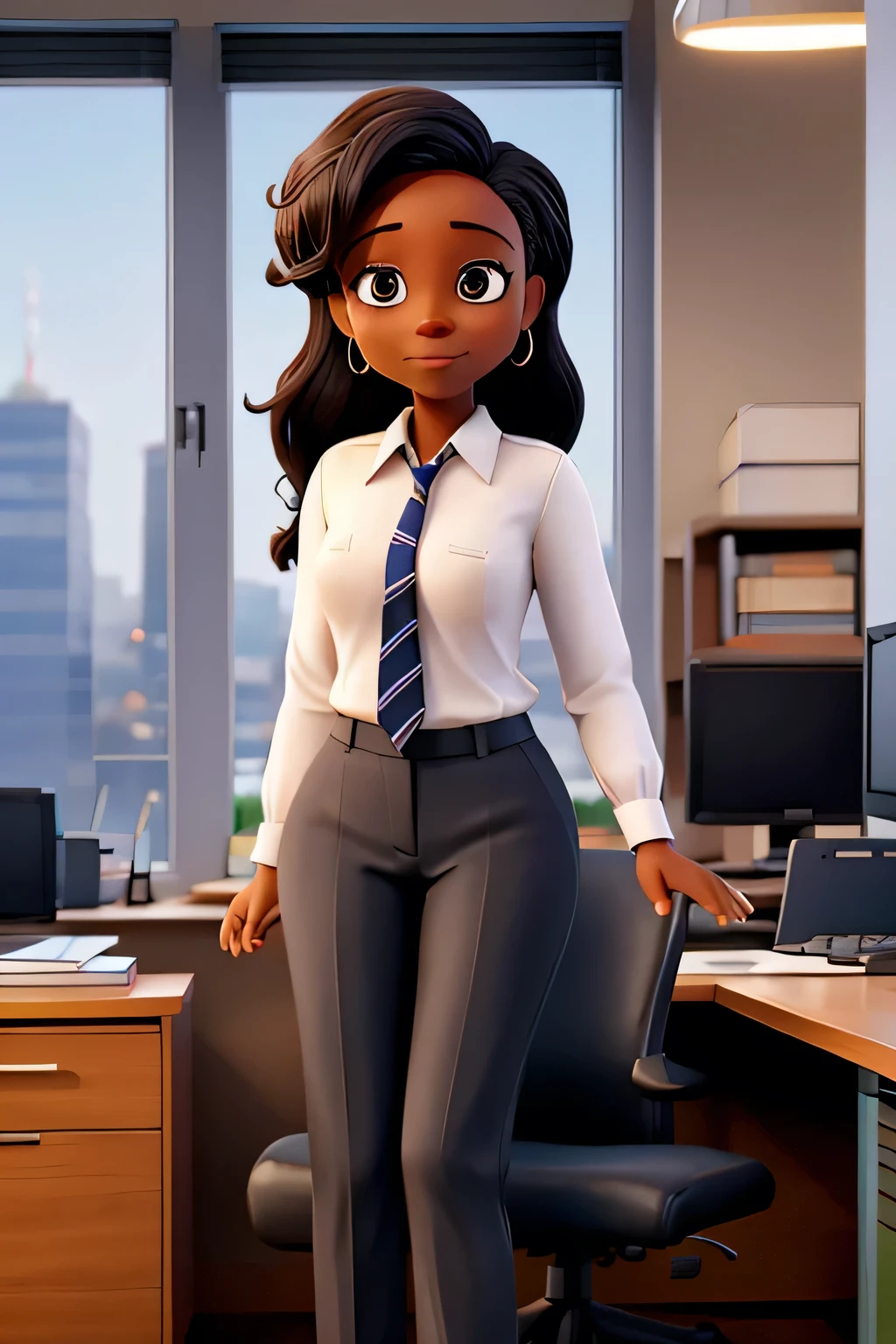 Corporate classily dressed business black woman in trousers, sitting on a desk in an office