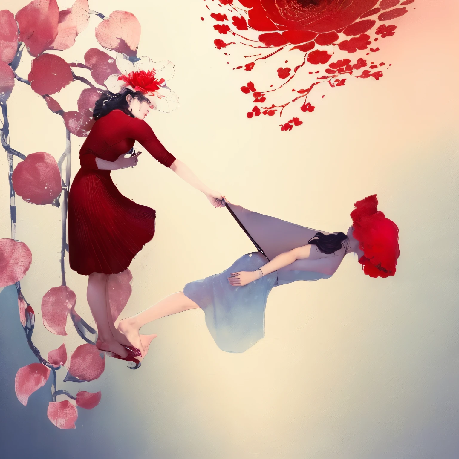illustration of a woman holding a flower and a red dress, by Rose Henriques, inspired by Hovsep Pushman, kaethe butcher, illustration!, picking up a flower, carrying flowers, by Keren Katz, flowers grow from the body, dreamy illustration, illustration », by Nándor Katona, by Gee Vaucher, illustration”