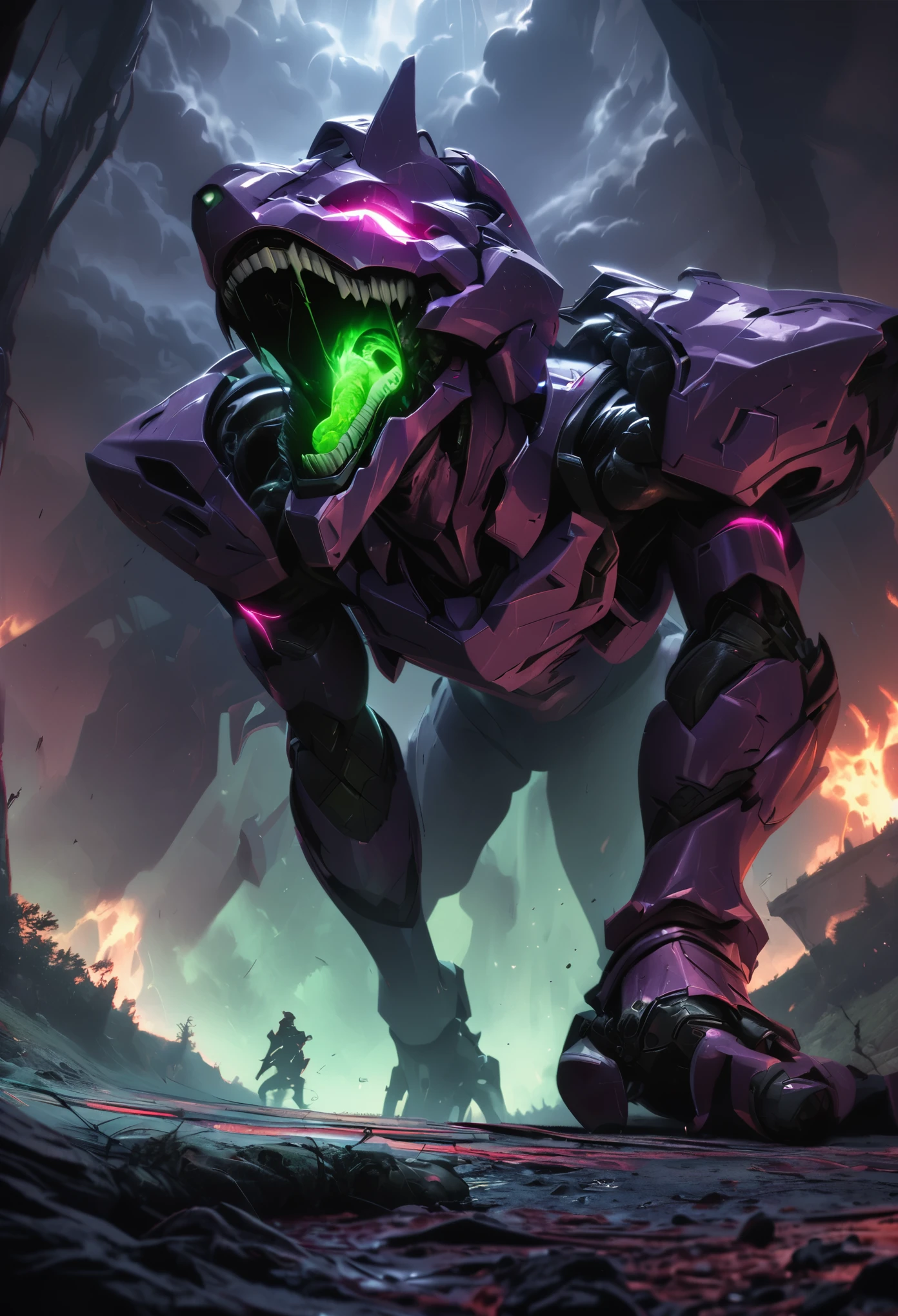 (best quality, 4k, ultra detailed, high resolution, masterpiece: 1.2), giant robotic humanoid (Eva 01) on all fours with its mouth open between trees in a valley, with its mouth open revealing intricate and detailed teeth and tongue, purple armor with glowing green highlights, human arm, berserk mode, and a thin and organic body covered with metallic armor, walking on all fours, smoke and dark atmosphere, green eyes, glowing eyes, bestial roar, broken armor revealing a living organism, thick blood,ominous clouds, dark illustration style, high contrast, dark shadows, atmospheric perspective, ominous colors, cinematic composition, volumetric lighting, numbers, brush strokes, dramatic lighting, low angle, surrealism, super detailed, hyperrealism