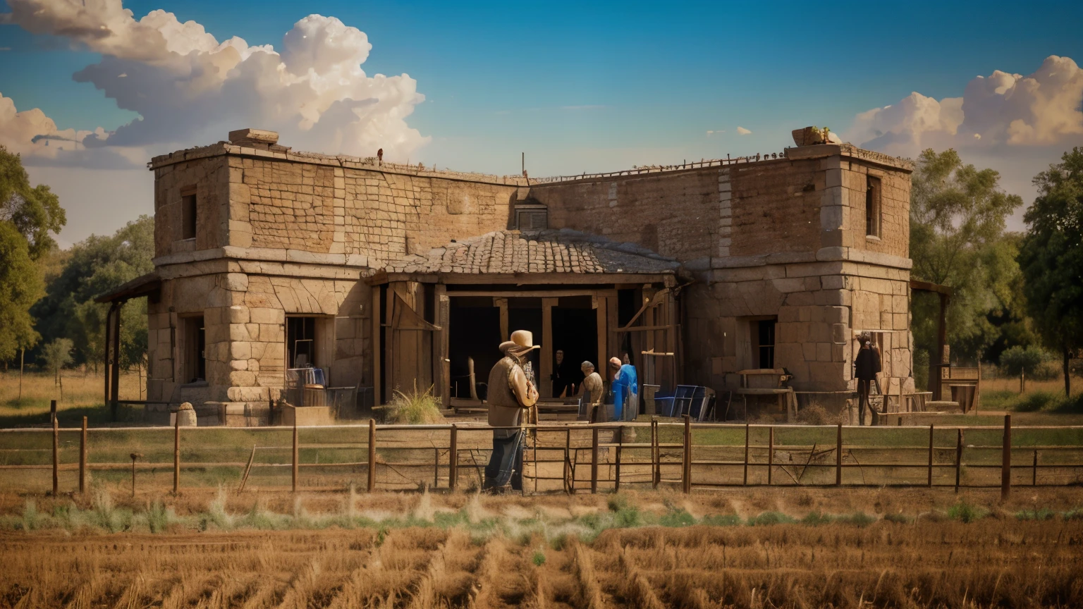 (people working in a field, elderly Jewish man supervising, ancient Judea) (oil painting), (vibrant brush strokes, detailed textures, rich colors), (best quality, 4k resolution, high resolution: 1.2), (warm tones, earthy colors ), (soft and diffuse lighting)