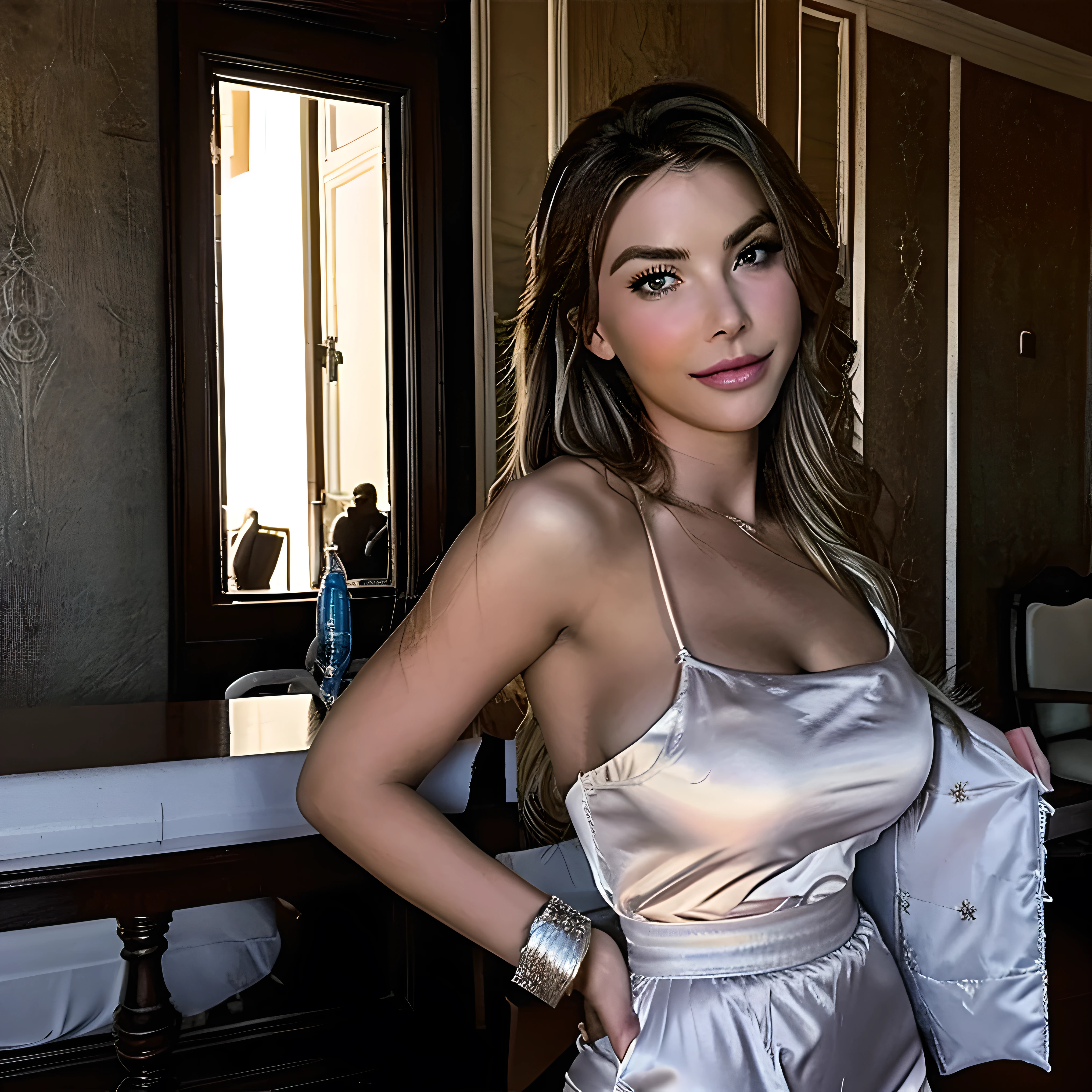 Foto hiperrealista en primer plano de Emily Sears , en su casamiento , she is on the balcony of the room, She's not looking at the camera, Lacio, pelaje negro, cara detallada, con un vestido blanco muy sexy=sin pantalones desnuda completamente de lujo, alta calidad, fotorrealista:1.2, mujer hermosa, flaco, pechos grandes, kinematics light darkness