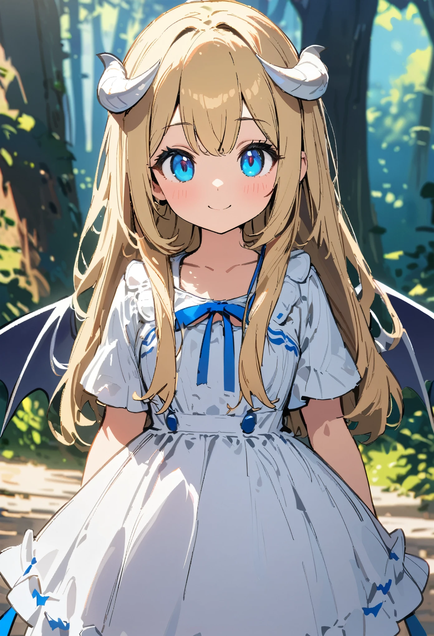 1girl, long blonde hair, blue eyes, younger person, white horns with blue ribbons, white spaded demon tail, white bat's wings, white dress, smiling at viewer, forest background, ultra-detailed, sketchy style, UHD, UHD, UHD
