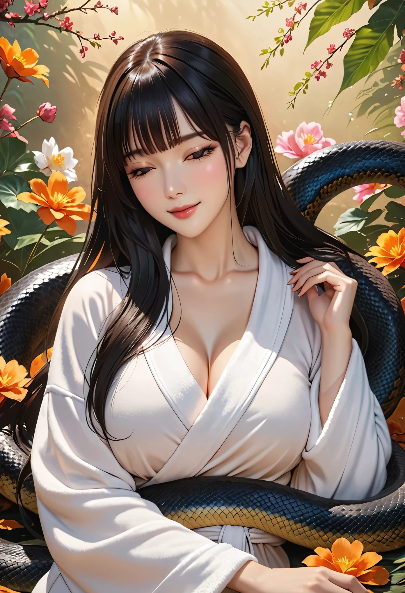 (Top image quality)，2023 Animation，Top animation quality，High-definition animation details，Detailed wallpaper，(masterpiece)，(medium view), solo，A woman is (lamia)，Pretty face，Fine black long hair，neat bangs，realistic face，close eyes，light smil，(Wearing only a loose bathrobe:1.2)，big breast，[Black snake tail，snake tail very smooth]，looking at viewer，Flowers background，(Lying in the embrace of the snake&#39;s tail:1.3)，(lots of fog:1.5)，(sexy feeling:1.3)