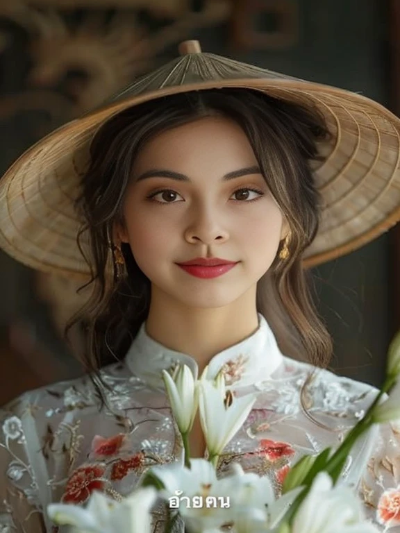Close-up of a woman wearing a hat and holding a bouquet of flowers, Vietnamese woman, Chinese woman, an asian woman, traditional beauty, traditional chinese, Chinese girl, Ao Dai, Photo of a beautiful woman, asian woman, a young asian woman, beautiful oriental woman, The most beautiful Chinese model, palace , girl in hanfu, Tomorrow, Tran.