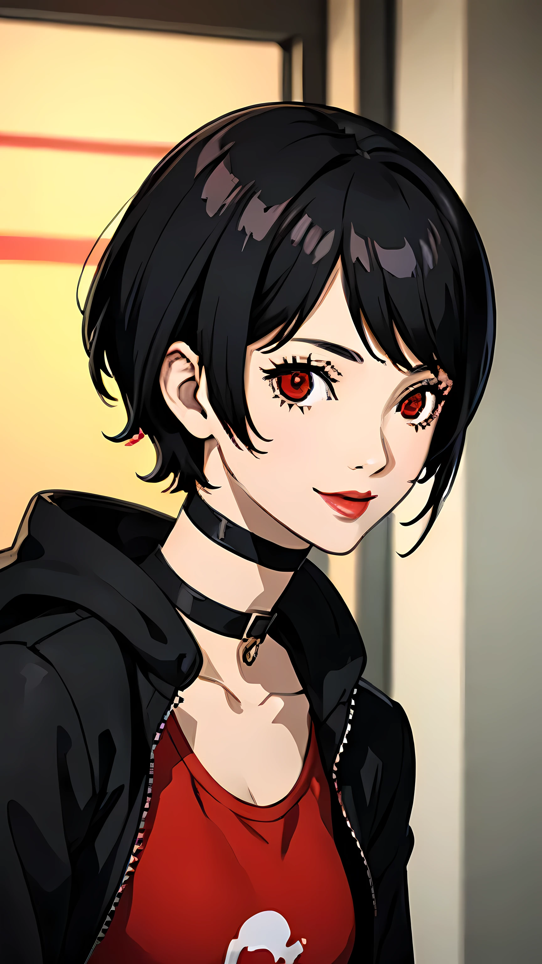 1 girl, Red eyes, very Short hair, black choker, lipstick, half body, smile, black hair, small breast,