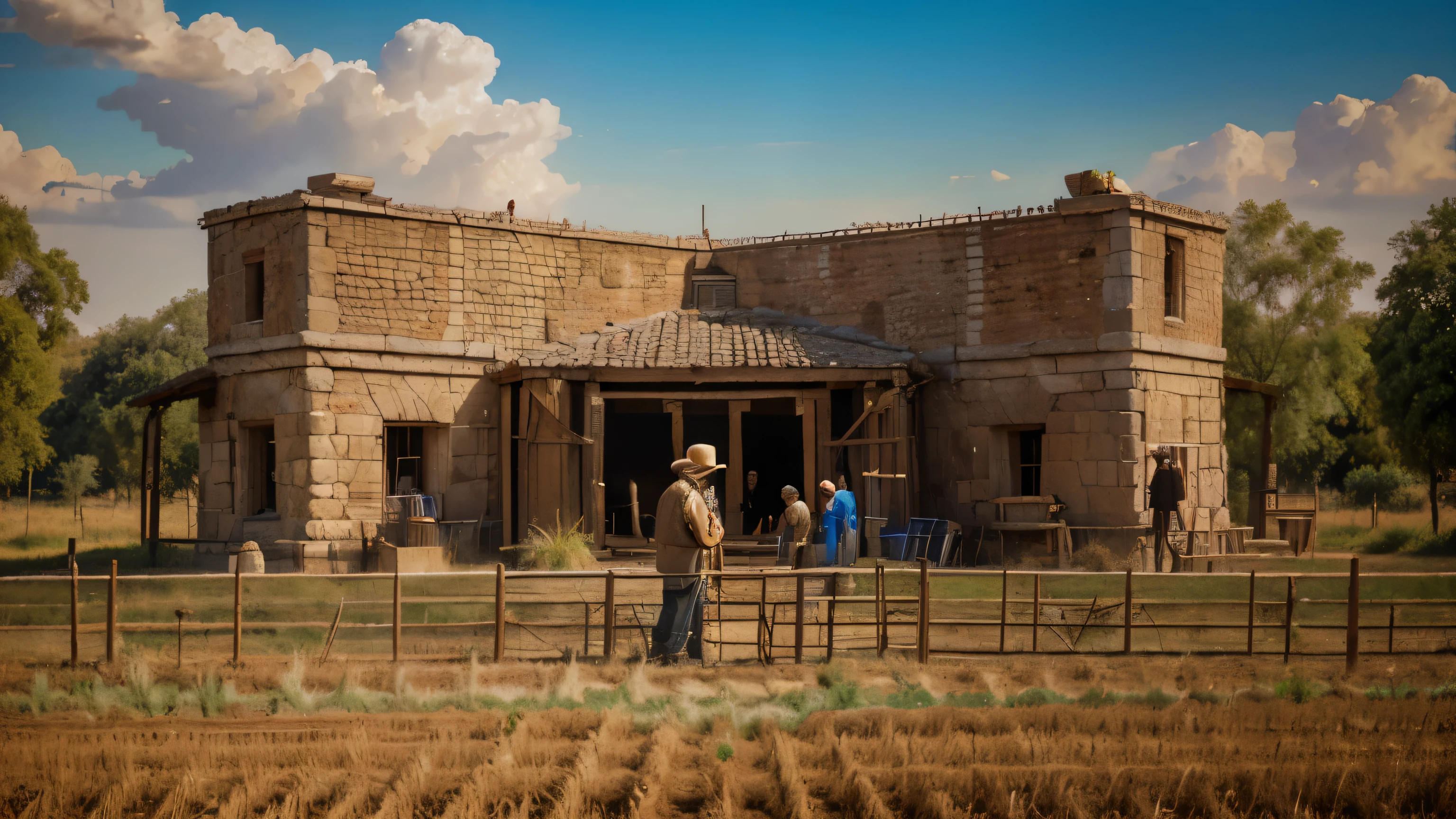 (people working in a field, elderly Jewish man supervising, ancient Judea) (oil painting), (vibrant brush strokes, detailed textures, rich colors), (best quality, 4k resolution, high resolution: 1.2), (warm tones, earthy colors ), (soft and diffuse lighting)