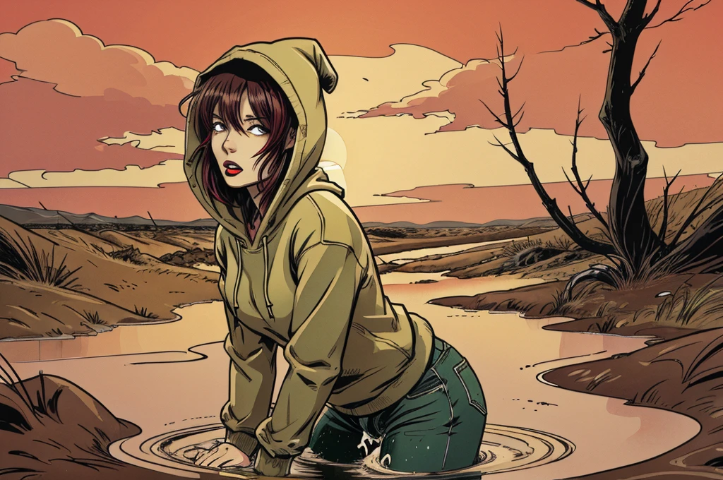 vector image, anime,  woman, gloomy orgasm, hoodie and jeans, drowning in the middle of quicksand bog, green,red,sky, red lips, turns around