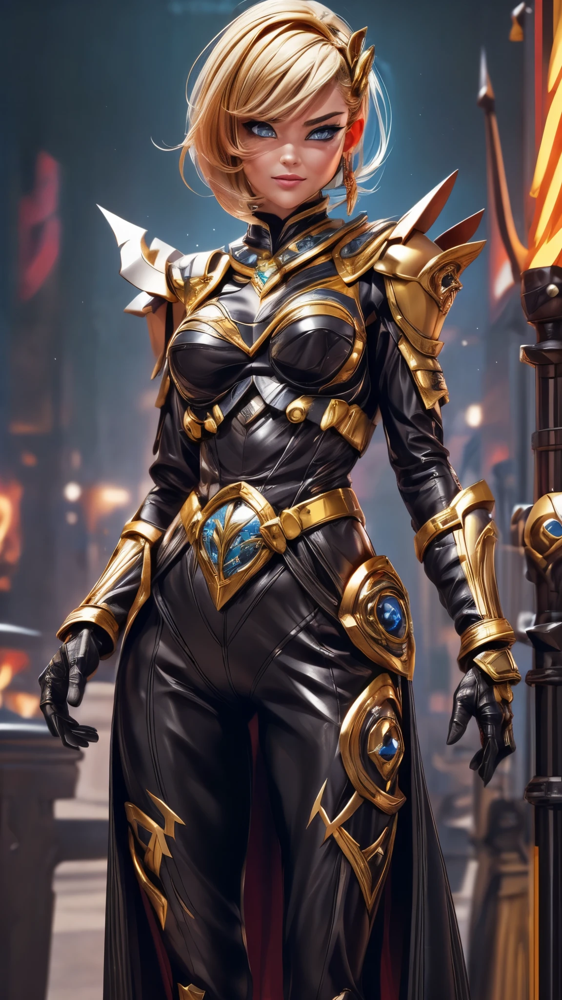 (best quality,4k,8k,highres,masterpiece:1.2),ultra-detailed, Alien Princess, with lightning powers and stylized golden electric armor, short blond hair, Female Commander Invading a city with her Ranger troops behind her, strutting her stuff, Smiling and laughing, Flirting with the viewer, HDR, 8k, absurdres, cinestill 800, sharp focus, add_detail:3 (solo woman) anime Villainess, wideshot, widescreen, focus on subject