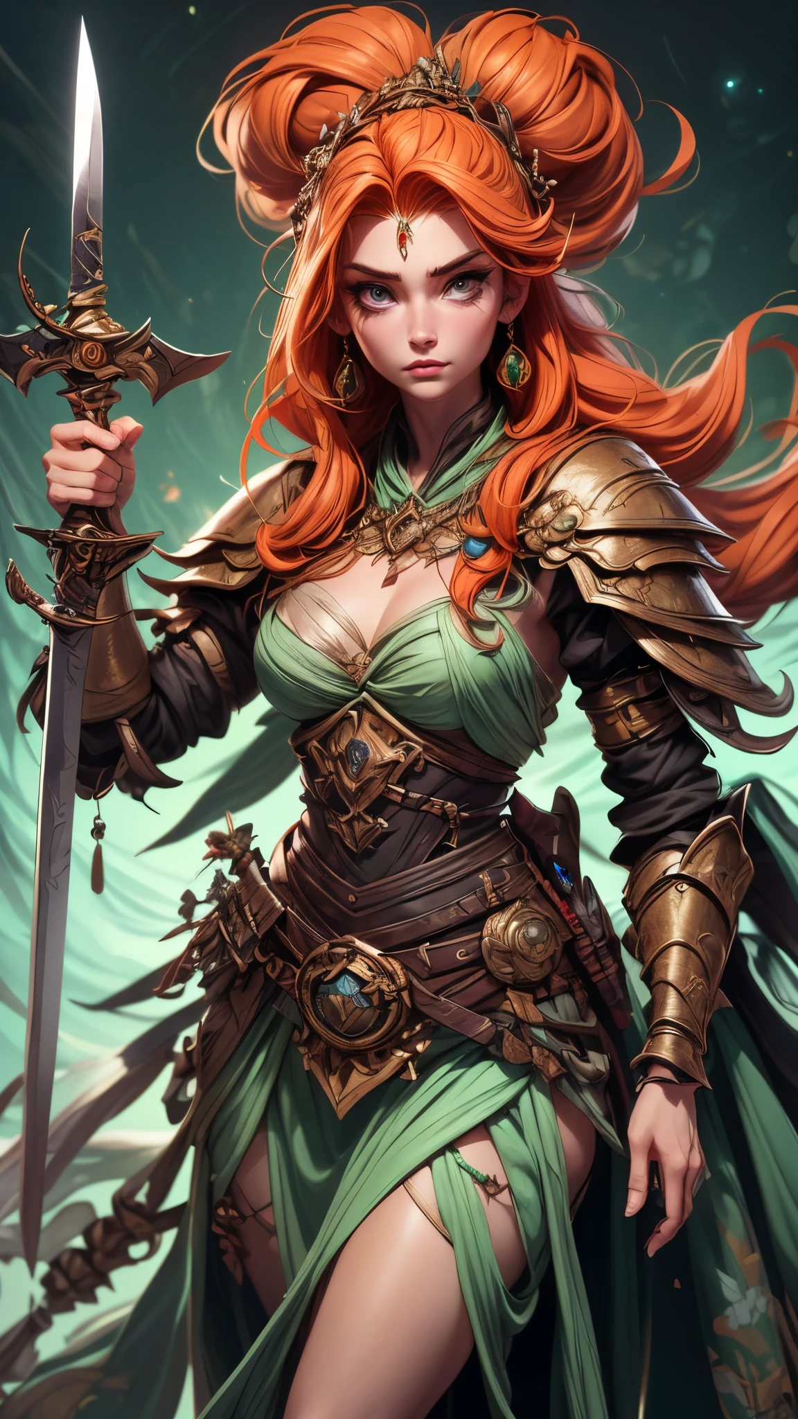 (best quality,4k,8k,highres,masterpiece:1.2),ultra-detailed, 1woman, Irish goddess Brigid, Auburn hair, Iron armor over druid robes, forging a sword, determined eyes, drawn in the style of Yoshitaka Amano, sks woman, HDR, 8k, absurdres, cinestill 800, sharp focus, add_detail:2