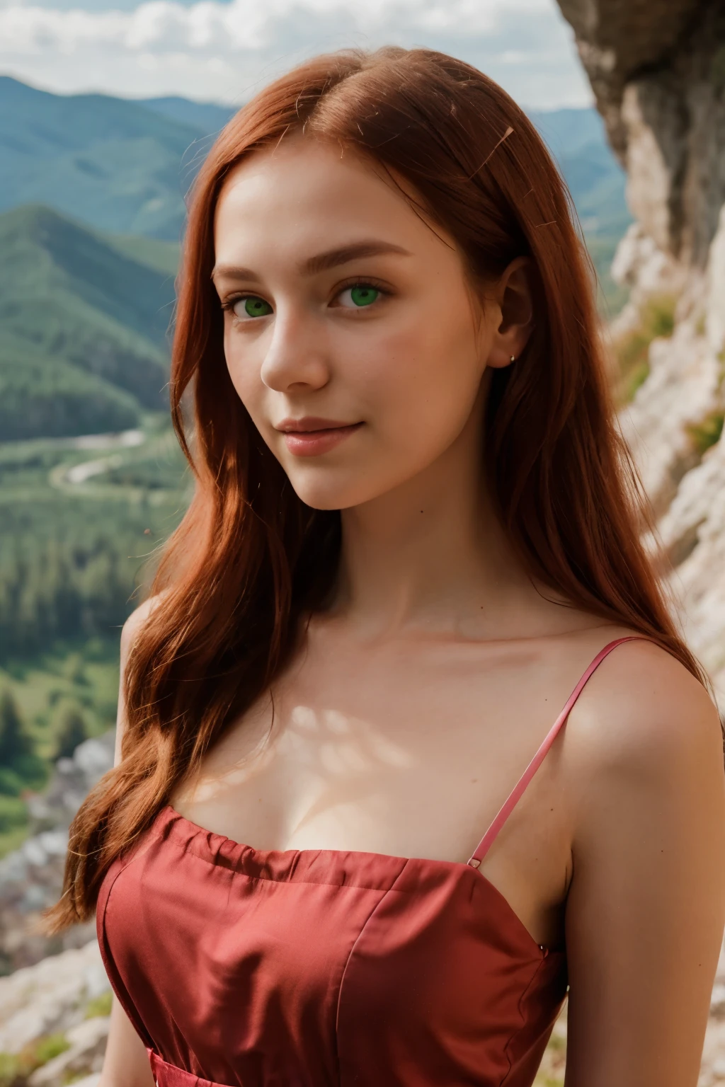 A young woman with long light red hair, Slavic appearance, green eyes, an elongated face, a slight smile and a portrait in a red and pink dress against the background of a mountain. Professional shooting, high quality, Sony A7 III, 35mm, professional soft light