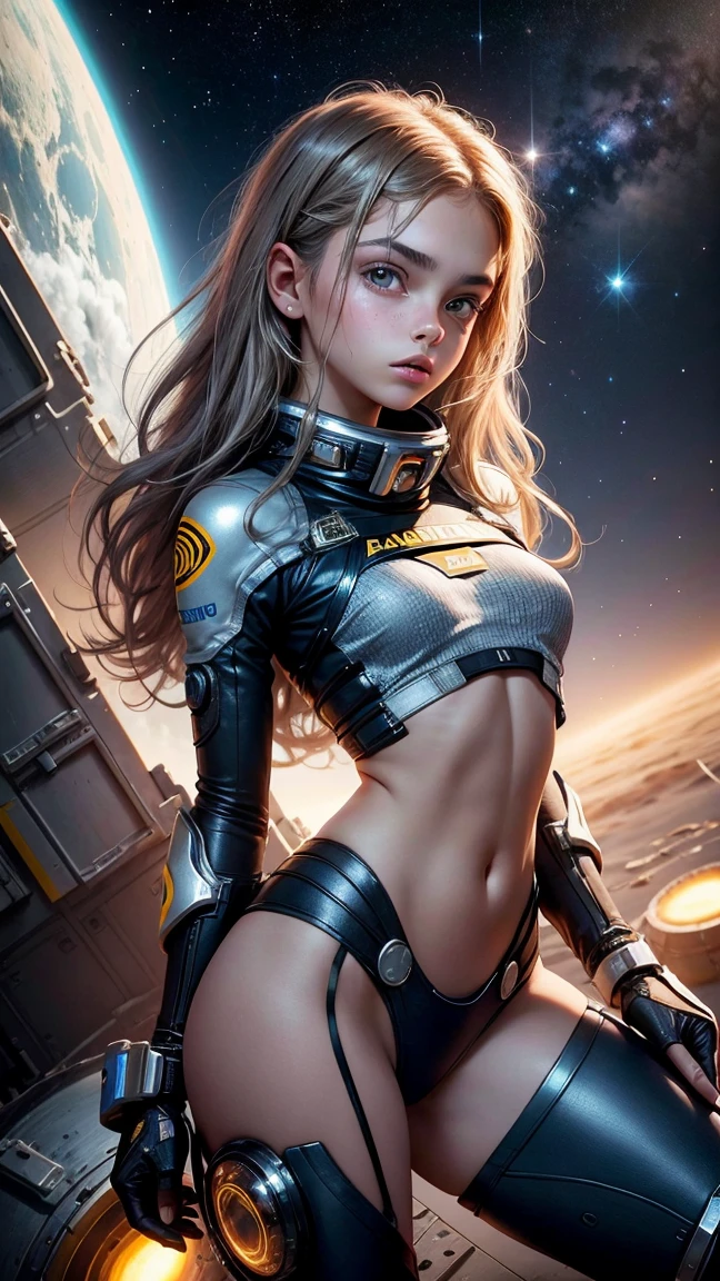 ager 12 yrmosa, cara hermosa, small breasts, cadera mediana, cuerpo perfecto, detalles de alta calidad, mecanica de naves espaciales, espacio, estrellas
