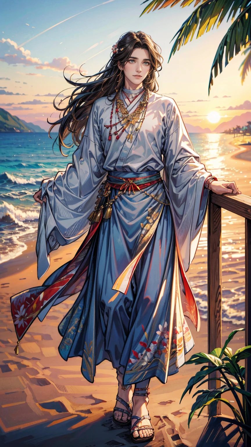 (masterpiece, Best quality, a high resolution, ultra detailed), (beautiful and aesthetically pleasing: 1.2), 1 man, adult man, black long hair, brown eyes, gentle face, (slight smile: 0.8), detailed eyes and face, male body, male focus, Full length figure,  beautiful short, Hawaiian skirt, Hawaiian style, Hawaiian shirt, sandals, flowers, woven into hair, flower beads for neck, beach, Hawaii, golden hour, sea , sand, holiday on the beach
