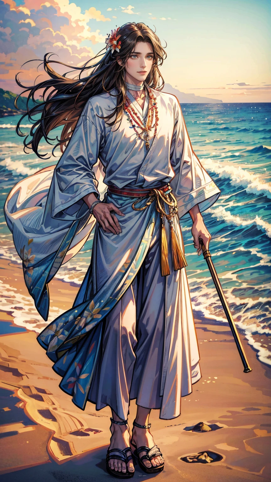 (masterpiece, Best quality, a high resolution, ultra detailed), (beautiful and aesthetically pleasing: 1.2), 1 man, adult man, black long hair, brown eyes, gentle face, (slight smile: 0.8), detailed eyes and face, male body, male focus, Full length figure,  beautiful short, Hawaiian skirt, Hawaiian style, Hawaiian shirt, sandals, flowers, woven into hair, flower beads for neck, beach, Hawaii, golden hour, sea , sand, holiday on the beach
