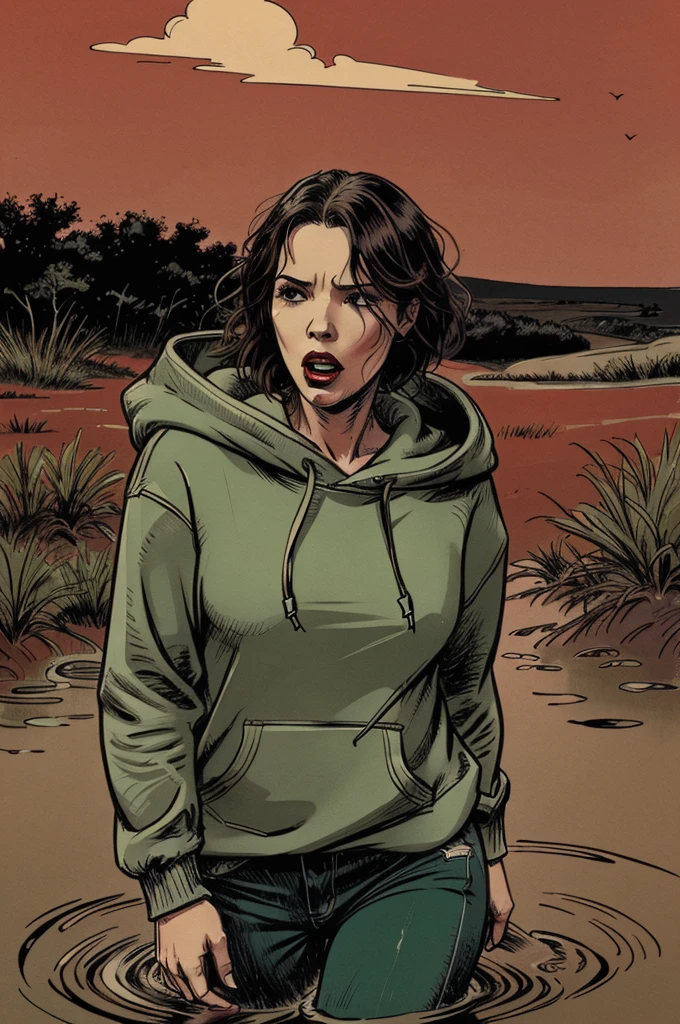 vector image, woman, gloomy orgasm, oversize hoodie and jeans, drowning in the middle of quicksand bog, green,red,sky, red lips, turns around