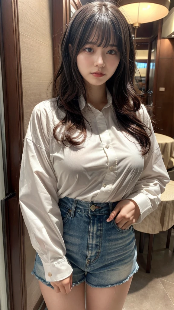 muste piece, best quality, illustration, Super detailed, fine details, High resolution, 8K,wall paper, perfect dynamic composition,(Details High quality, realistic depiction of eyes:1.3), standing, short hair, (wavy hair:1.2),  (Oversized_Shirt:1.2)、Oversized_Shirt, Layered Cut, black hair color, Big Natural Color Lip, hotel room, crying a little、cold gaze, Harajuku style、20 year old girl、cute type、lolita, Gravure Idol, full body photo、focus on crotch, huge breasts