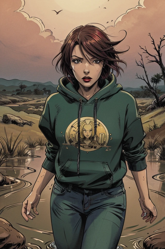 best quality,ultra-detailed,vector image,anime,woman,detailed eyes,detailed lips,oversize hoodie and jeans,gloomy orgasm,drowning in the middle of quicksand bog,green,red,sky,red lips,woman turns around