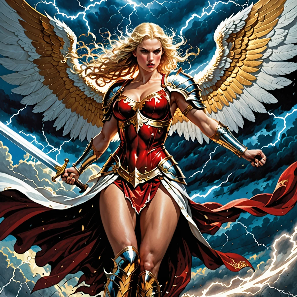 (best quality:1.2,comics art:1.1,vivid colors,victorius scene,beautiful vintage angel warrior woman with very big bulky white wings, WIELDING one sword,((dark RED ARMOR with gold embroid details)),little breasts, determined face expression,(((corpo de frente para o observador))),storm and lightning dark blue sky background,dramatic lighting)