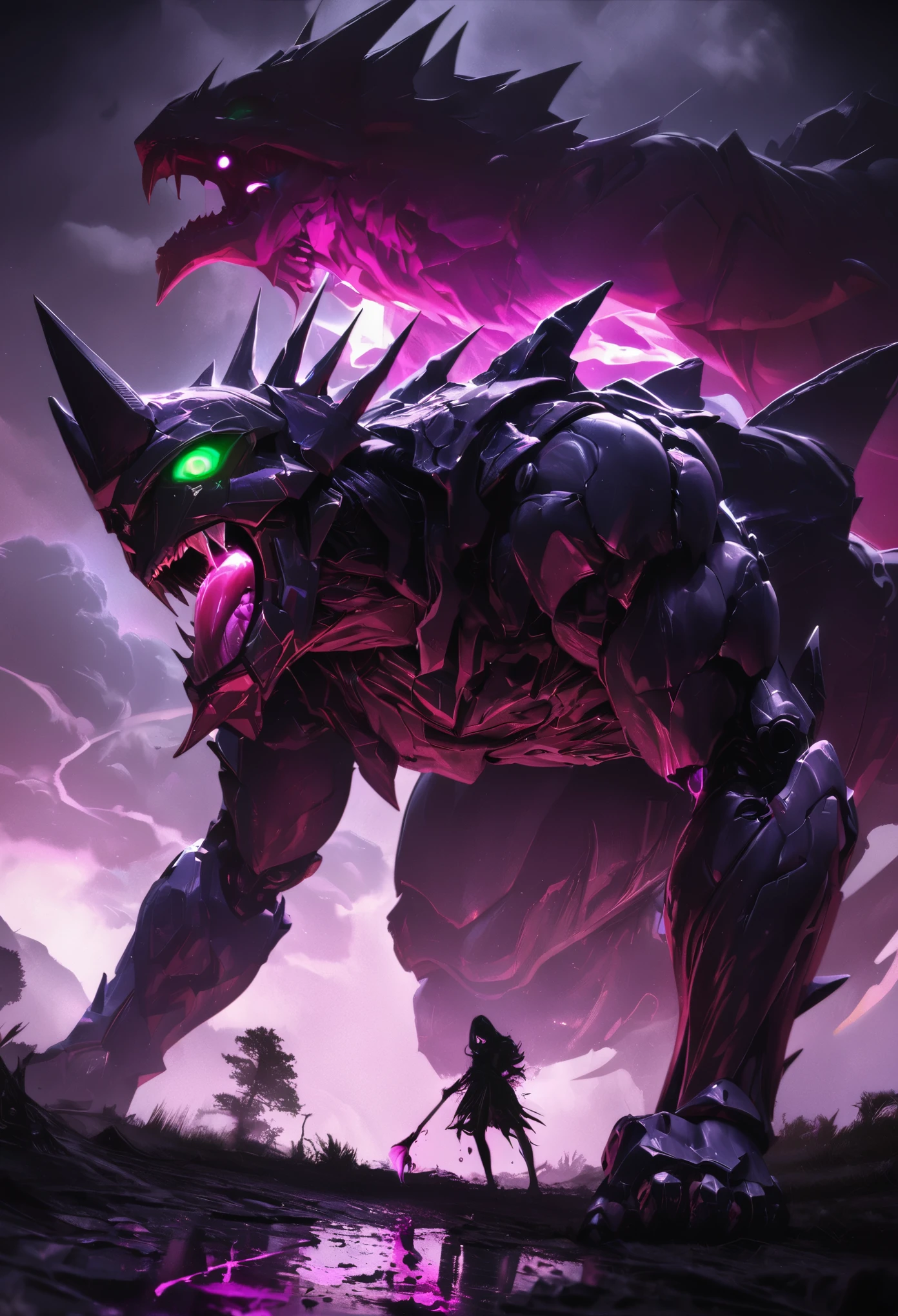 (best quality, 4k, ultra detailed, high resolution, masterpiece: 1.2), giant robotic humanoid (Eva 01) on all fours with its mouth open between trees in a valley, with its mouth open revealing intricate and detailed teeth and tongue, purple armor with glowing green highlights, human arm, berserk mode, and a thin and organic body covered with metallic armor, walking on all fours, smoke and dark atmosphere, green eyes, glowing eyes, bestial roar, broken armor revealing a living organism, thick blood,ominous clouds, dark illustration style, high contrast, dark shadows, atmospheric perspective, ominous colors, cinematic composition, volumetric lighting, numbers, brush strokes, dramatic lighting, low angle, surrealism, super detailed, hyperrealism