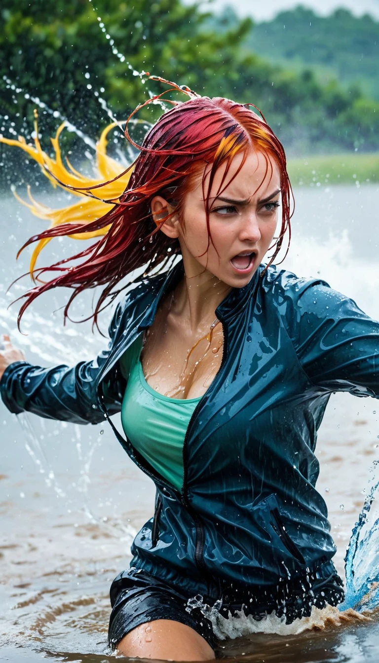 Masterpiece, best quality, (dynamic pose:0.5), Absurdres, 1girl,  fighting pose, punch water, (attacking with water:1.5) wet clothes, wet hair, wet face, water behind a person, multicolored hair, (wind:1.4), 