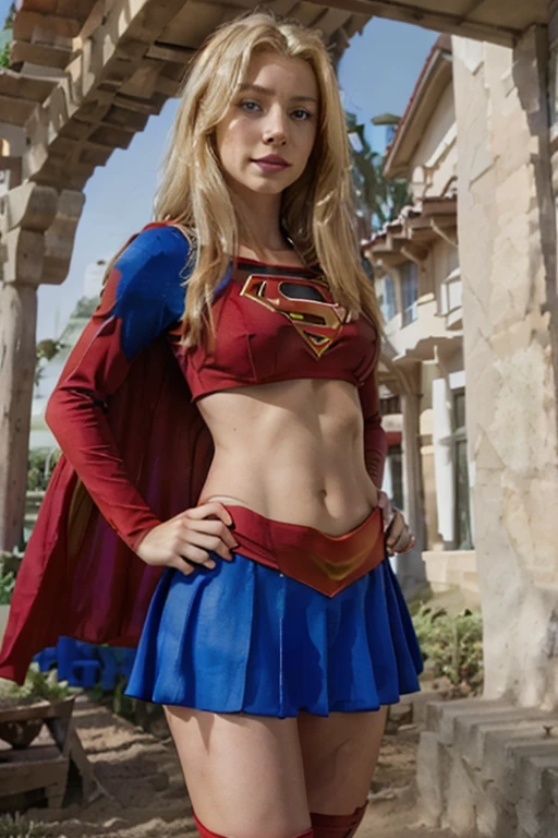 1girl, alone, Supergirl, Kara Zo-Rel, beautiful body, red cape, crop top, navel, blue eyes, light-skinned woman, day, medium breasts, large breasts, supergirl emblem, red boots, blue skirt, blue suit , blonde locks, red lips, beautiful thighs