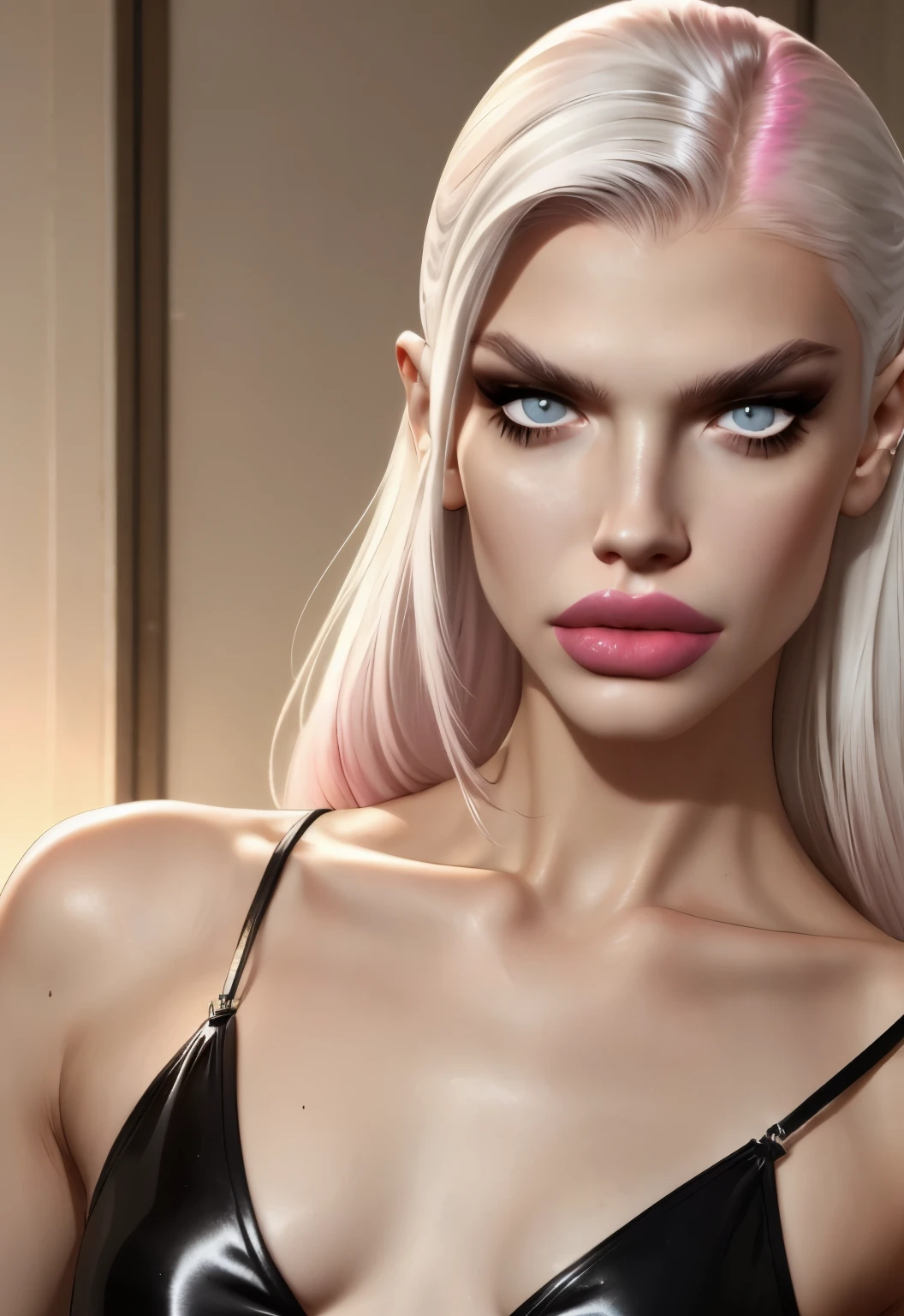 boy avatar, andrej pejic, long hair, gray eyes, sharp features, white skin, lips, pink lipstick, sexy k.