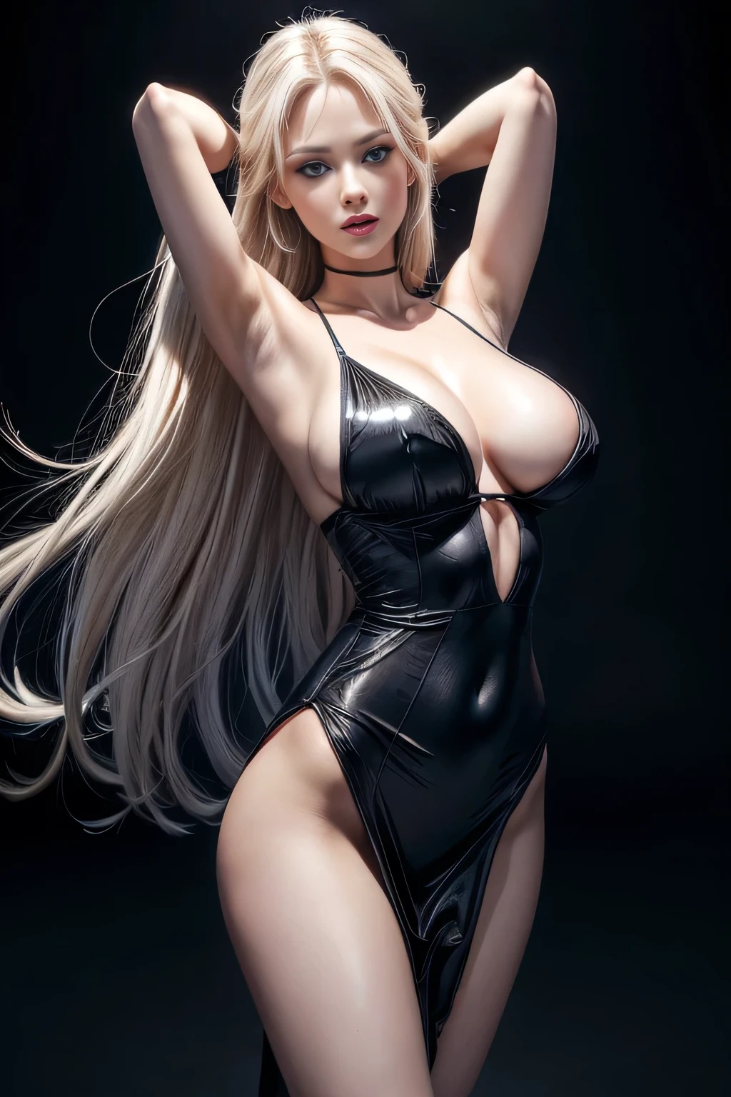 ((seductive pose arms up hands behind head)) ((magnificent, majestic)) ((the most beautiful russian supermodel)) ((tan skin)) ((Big blue eyes)) ((very dark eyeshadows makeup)) ((bright red lips)), ((long straight platinum blonde hair)) ((big breast:1.5)) ((slender body:1.3)) ((wear white silk cropped dress)) ((inside photo studio with black black background and light reflectors on her)), ((high definition:1.5) ((masterpiece:1.5))((8k:1.5)) ((Best quality:1.4)), more_details:-1, more_details:0, more_details:0.5, more_details:1, more_details:1.5, more prism, vibrant color,