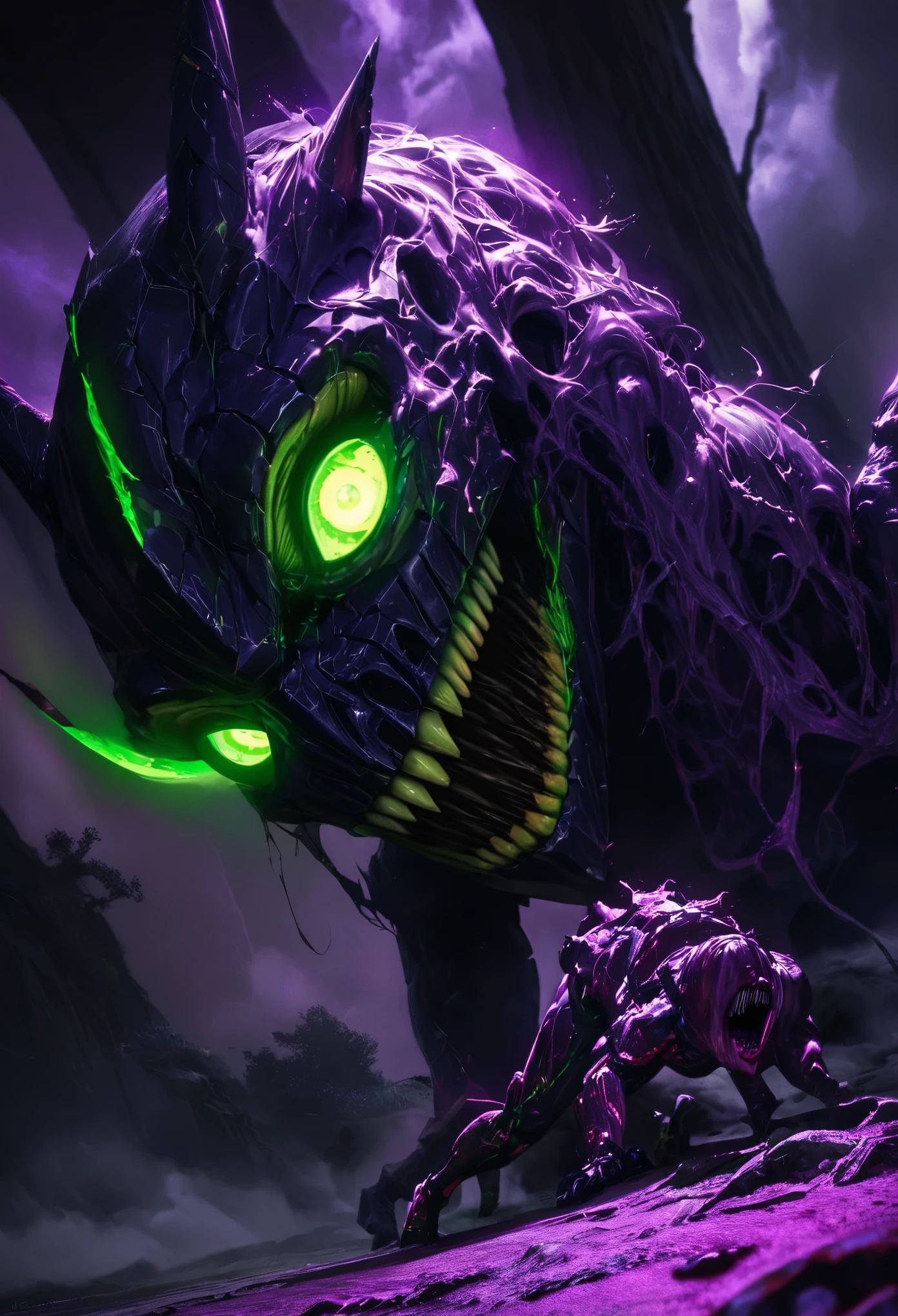 (best quality, 4k, ultra detailed, high resolution, masterpiece: 1.2), giant robotic humanoid (Eva 01) on all fours with its mouth open between trees in a valley, with its mouth open revealing intricate and detailed teeth and tongue, purple armor with glowing green highlights, human arm, berserk mode, and a thin and organic body covered with metallic armor, walking on all fours, smoke and dark atmosphere, green eyes, glowing eyes, bestial roar, broken armor revealing a living organism, thick blood,ominous clouds, dark illustration style, high contrast, dark shadows, atmospheric perspective, ominous colors, cinematic composition, volumetric lighting, numbers, brush strokes, dramatic lighting, low angle, surrealism, super detailed, hyperrealism