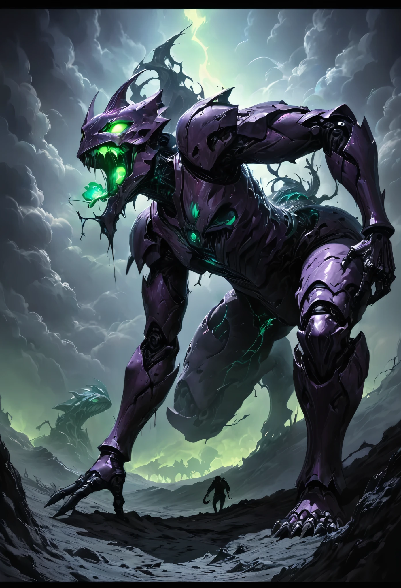 (best quality, 4k, ultra detailed, high resolution, masterpiece: 1.2), giant robotic humanoid (Eva 01) on all fours with its mouth open between trees in a valley, with its mouth open revealing intricate and detailed teeth and tongue, purple armor with glowing green highlights, human arm, berserk mode, and a thin and organic body covered with metallic armor, walking on all fours, smoke and dark atmosphere, green eyes, glowing eyes, bestial roar, broken armor revealing a living organism, thick blood,ominous clouds, dark illustration style, high contrast, dark shadows, atmospheric perspective, ominous colors, cinematic composition, volumetric lighting, numbers, brush strokes, dramatic lighting, low angle, surrealism, super detailed, hyperrealism