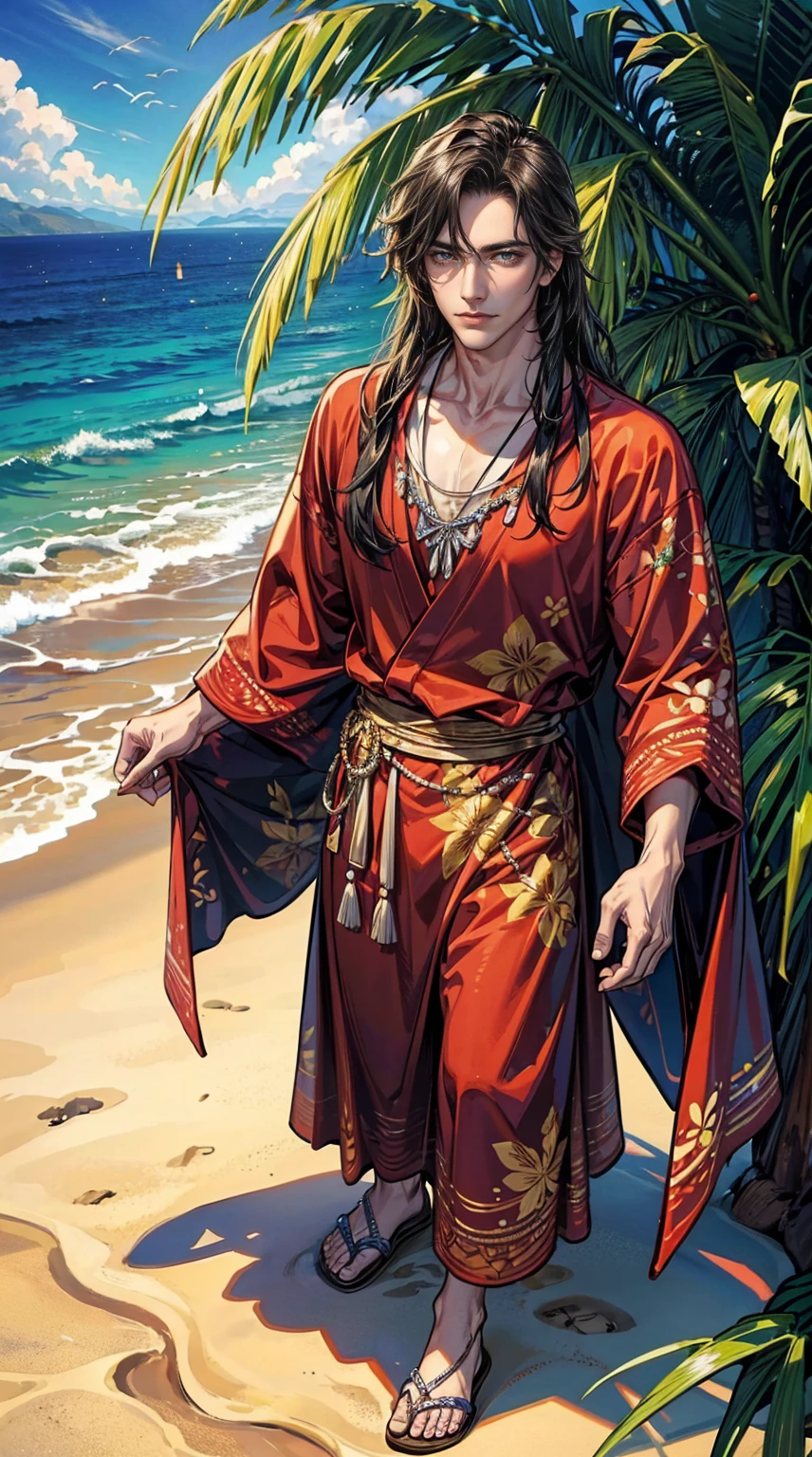 (masterpiece, Best quality, a high resolution, ultra detailed), (beautiful and aesthetically pleasing: 1.2), 1 man, adult man, black long hair, red eyes, gentle face, (slight smile: 0.8), detailed eyes and face, male body, male focus, Full length figure,  beautiful short, Hawaiian skirt, Hawaiian style, Hawaiian shirt, sandals, flowers, woven into hair, flower beads for neck, beach, Hawaii, golden hour, sea , sand, holiday on the beach
